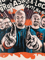 Concert poster with drawn pictures of the band members.