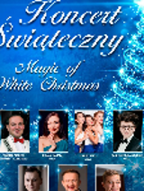Event poster: small pictures of performers on the blue background; as a background a christmas tree decorated in blue colours. At the top of the poster - the title of the concert.
