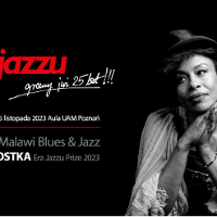 Black and white concert poster with photo of Malia and information about the event. The title of the "Era Jazzu" cycle in red colour.
