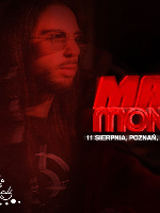 Concert poster - photo of the artist in red and black colours with information about the event