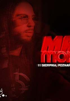 Concert poster - photo of the artist in red and black colours with information about the event