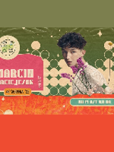 Concert poster - photo of the artist on colourful background and information about the event.