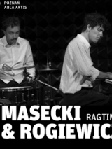 Black and white photo of two musicians playing the instruments.