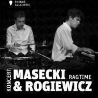 Black and white photo of two musicians playing the instruments.