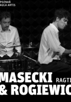 Black and white photo of two musicians playing the instruments.