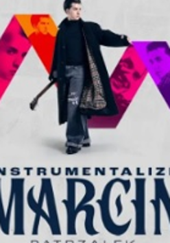 Concert poster - photo of Marcin Patrzałek, behind him colourful letter "M". Title of the concert at the bottom of the page
