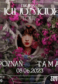 Concert poster: face of a woman among flowers; at the bottom and top of the poster information about the event.
