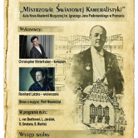 Concert poster with two small photos of musicians and information about the event. On the right part of a poster - drawings of a man, a building and musical notes.