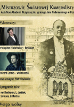 Concert poster with two small photos of musicians and information about the event. On the right part of a poster - drawings of a man, a building and musical notes.