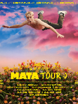 Concert poster with information about Mata Tour and with picture of the artist flying above a meadow. Blue and pink clouds as a background.
