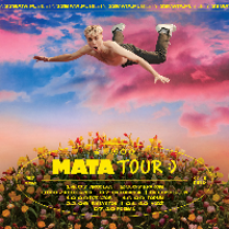 Concert poster with information about Mata Tour and with picture of the artist flying above a meadow. Blue and pink clouds as a background.