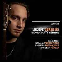 Photo of MIchał Obrębski's face and information about the event, black background.