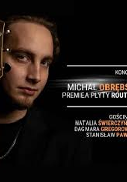 Photo of MIchał Obrębski's face and information about the event, black background.