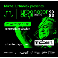 Concert poster in black and green colours with photo of Michał Urbaniak and information about the event.