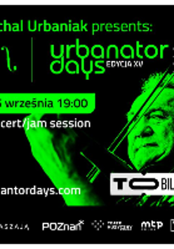 Concert poster in black and green colours with photo of Michał Urbaniak and information about the event.