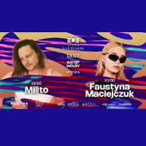 Concerts poster: photo of the performers on violet background.