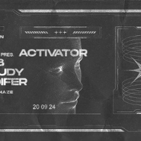 Event poster: names of performers on gray background and a picture of a face.