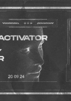 Event poster: names of performers on gray background and a picture of a face.