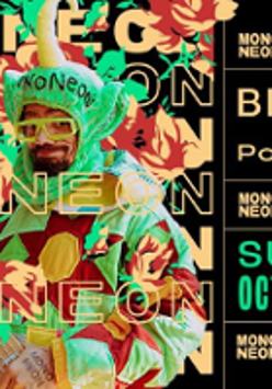 Colourful poster with photo of a man dressed in green and red clothes. On the right information about the event.