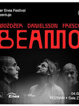 Concert poster: black and white photo of three men - Możdżer, Danielsson and Fresco and red text - performers' names and the title of the event.