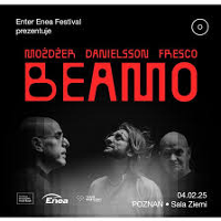 Concert poster: black and white photo of three men - Możdżer, Danielsson and Fresco and red text - performers' names and the title of the event.