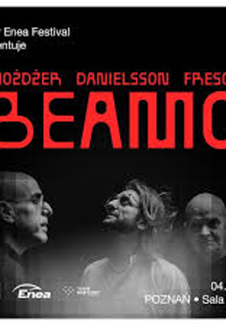 Concert poster: black and white photo of three men - Możdżer, Danielsson and Fresco and red text - performers' names and the title of the event.