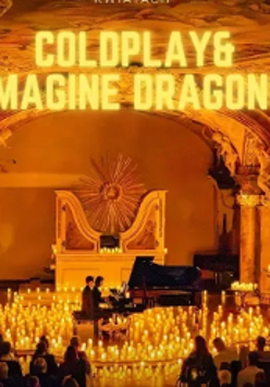 Concert poster in orange colours - a hall full of candles. In the middle a piano and two men sitting by it.