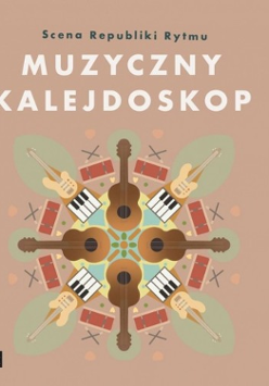 Concert poster in light brown colours: various musical instruments in a circle