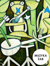 Concert poster - drawing of green frogs playing the musical instruments.