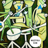 Concert poster - drawing of green frogs playing the musical instruments.