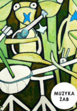 Concert poster - drawing of green frogs playing the musical instruments.