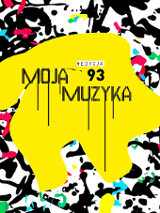 Concert poster - the inscription "Moja muzyka 93" on big yellow spot; some other smaller colourful spots as a background