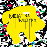Concert poster - the inscription "Moja muzyka 93" on big yellow spot; some other smaller colourful spots as a background