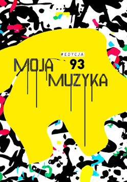 Concert poster - the inscription "Moja muzyka 93" on big yellow spot; some other smaller colourful spots as a background