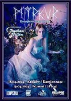 Concert poster in white, blue and black colours: a woman in a white, airy dress and information about the event.