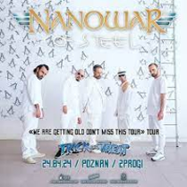 Concert poster: five men standing, dressed in white clothes. At the top the name of the band, at the bottom - information about the event.