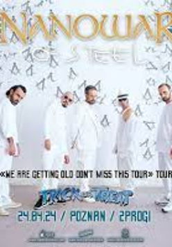 Concert poster: five men standing, dressed in white clothes. At the top the name of the band, at the bottom - information about the event.