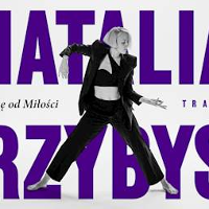 Concert poster - black and white photo of the singer and her name in violet colours as a background