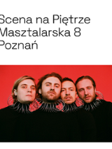 Photo of four men head by head, red background.