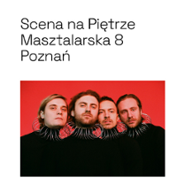 Photo of four men head by head, red background.