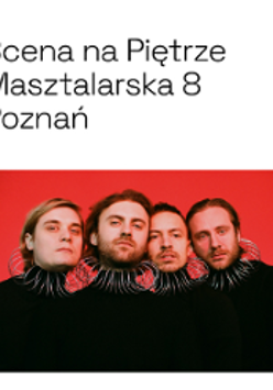 Photo of four men head by head, red background.