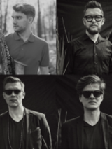 Black and white photo - picture divided into four parts, on each part one of the performers of the concert.