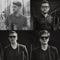 Black and white photo - picture divided into four parts, on each part one of the performers of the concert.