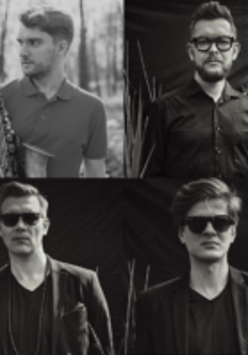 Black and white photo - picture divided into four parts, on each part one of the performers of the concert.
