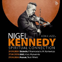 Concert poster: photo of NIgel Kennedy playing the violin and information about the event.