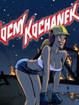 Concert poster: drawing of a young woman in a bra, shorts and a helmet on her head and the name of a band Nocny Kochanek.