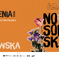 Concert poster - the name of the singer Nosowska among flowers on orange background.