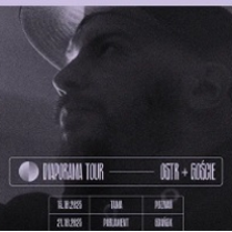 Dark black and white photo of a man's face and information about the event.