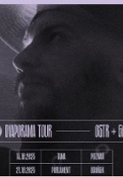 Dark black and white photo of a man's face and information about the event.