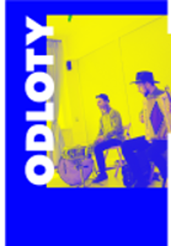 Concert poster in blue and yellow colours with photo of the band members playing instruments.